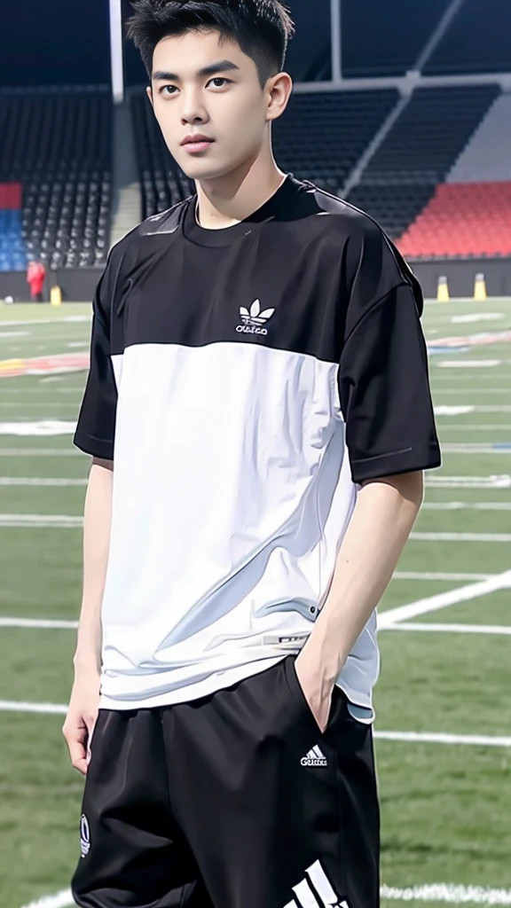 Handsome young man. Handsome young man, 20 years old.,Looking at the camera,Wearing a black Adidas t-shirt, standing on the football field.