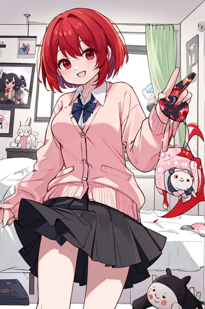 (The ultimate masterpiece), (Ultra HD), (Ultra-fine), High resolution, Ultimate beauty, High chroma, vivid,Girl,(pretty girl), Thighs, (cardigan), (skirt), Super Smile, Red hair,ショートBob，(Bob),Red Eyes ,Small breasts, Cute room，put one&#39;s hand between one&#39;s thighs