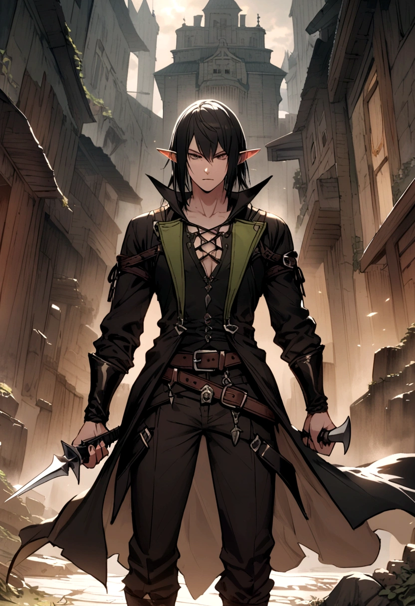 a half-elf assassin with two daggers in his hand wearing dark clothes MAN