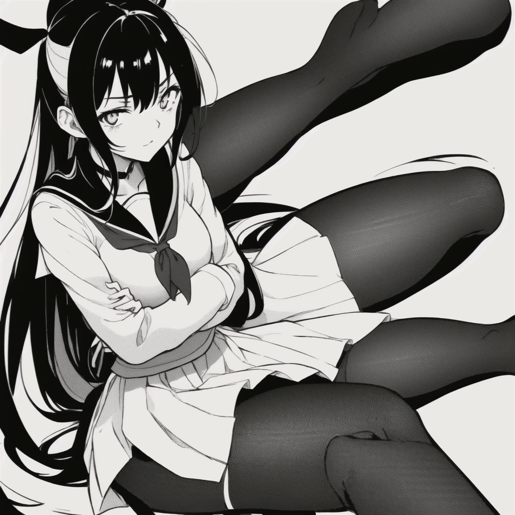 1girl, long_hair, monochrome, crossed_arms, solo, breasts, school_uniform, hair_ribbon, sitting, crossed_legs, greyscale, pantyhose, ribbon, serafuku, looking_at_viewer, long_sleeves, neckerchief, simple_background, bangs, very_long_hair, sailor_collar, eyebrows_visible_through_hair, white_background, medium_breasts, arms_under_breasts, breast_hold, skirt, fishnets, sleeves_past_wrists, closed_mouth