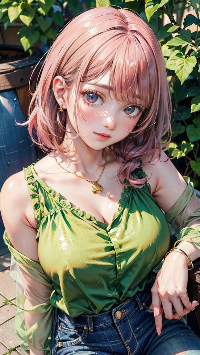 (Masterpiece, BestQuality:1.3), (ultra detailed:1.2), (hyperrealistic:1.3), (RAW photo:1.2), High detail RAW color photo, professional photograph, (Photorealistic:1.4), (realistic:1.4), professional lighting, perfect anatomy, (Big Breasts:1.2), (blush, detailed face), (cheerful Smile:1.5), (Pink Hair:1.5), Trending Hair&Trending Hairカラーをランダムに, earrings, necklace, bracelet, sexly, erotic sexly, Random sexy gravure poses, (Beautiful woman in green chiffon blouse and jeans、Vineyard Background、Natural smile、Gold Earrings、Pose with jeans down。:1.3)
