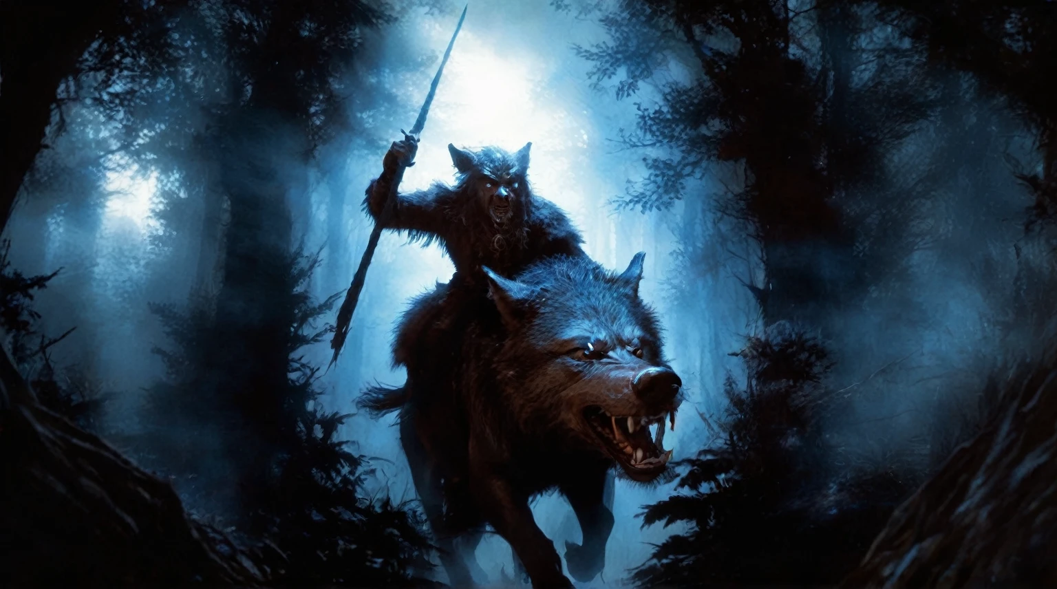 In the midst of a dark, misty forest, a creature with the body of a wolf and the face of a man rides astride wild boar. The creature's fur is a mix of black and gray, blending into the shadows around it. It holds a staff in its right han