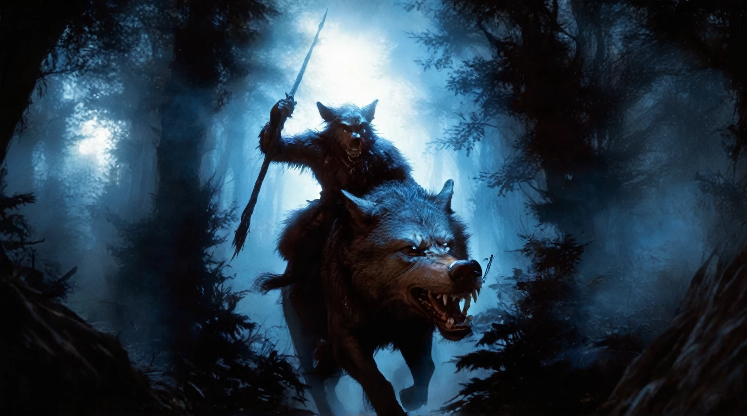 In the midst of a dark, misty forest, a creature with the body of a wolf and the face of a man rides astride wild boar. The creature's fur is a mix of black and gray, blending into the shadows around it. It holds a staff in its right han