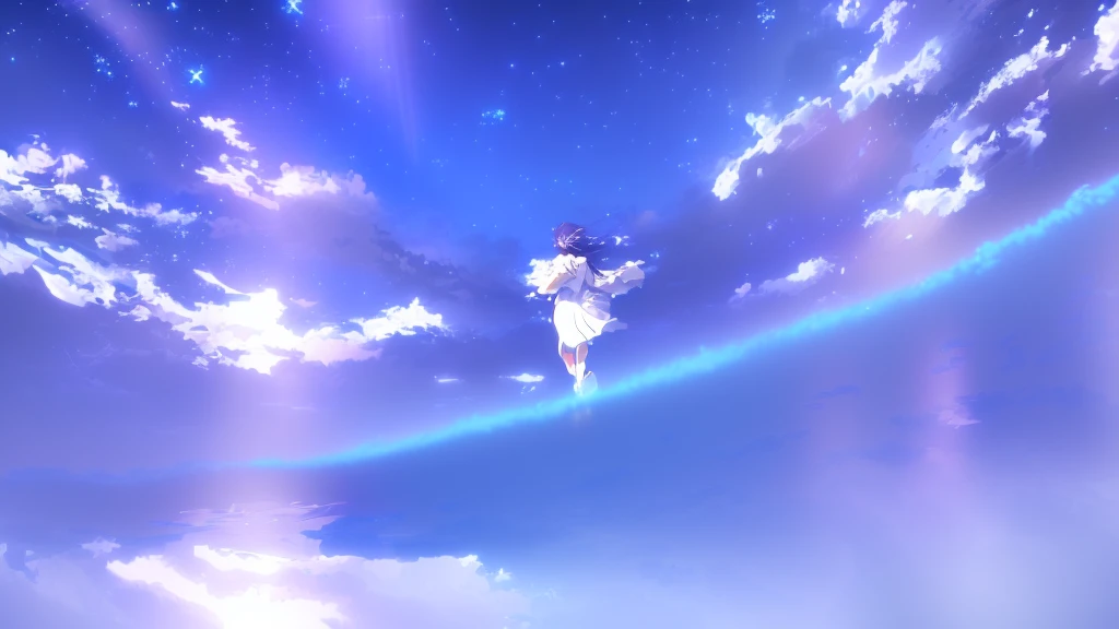 anime, A girl in a white dress floats in the water, Makoto Shinkai Cyril Rolland, anime girl walking on water, anime movie background, beautiful anime scene, today's featured anime still, anime film still, screenshot from the anime film, anime still film anime shikishi, star(null) starry_null