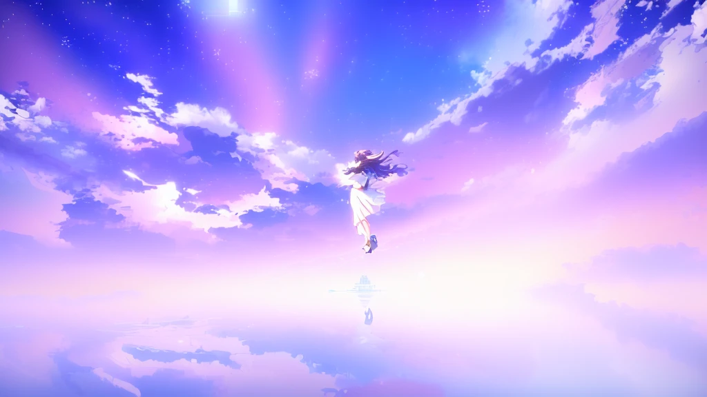 anime, A girl in a white dress floats in the water, Makoto Shinkai Cyril Rolland, anime girl walking on water, anime movie background, beautiful anime scene, today's featured anime still, anime film still, screenshot from the anime film, anime still film anime shikishi, star(null) starry_null