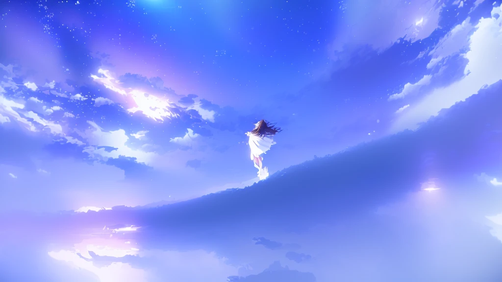 anime, A girl in a white dress floats in the water, Makoto Shinkai Cyril Rolland, anime girl walking on water, anime movie background, beautiful anime scene, today's featured anime still, anime film still, screenshot from the anime film, anime still film anime shikishi, star(null) starry_null