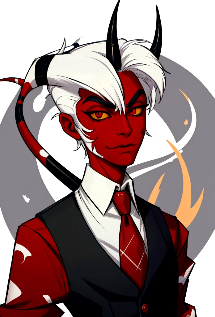 (masterpiece), best quality, expressive eyes, perfect face ,male focus, 1boy, solo, Red skin, white hair, tail, tall, imp, horns, red eye right eye, slacks, collars shirt, waistcoat, black sclera   left eye dollar sign. helluva boss, Vivziepop style,
