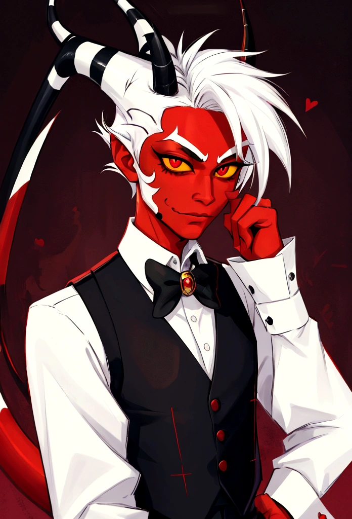 (masterpiece), best quality, expressive eyes, perfect face ,male focus, 1boy, solo, Red skin, white hair, tail, tall, imp, horns, red eye right eye, slacks, collars shirt, waistcoat, black sclera   left eye dollar sign. helluva boss, Vivziepop style,
