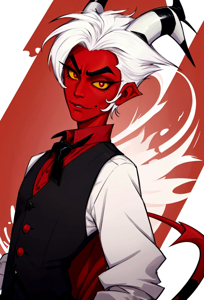 (masterpiece), best quality, expressive eyes, perfect face ,male focus, 1boy, solo, Red skin, white hair, tail, tall, imp, horns, red eye right eye, slacks, collars shirt, waistcoat, black sclera   left eye dollar sign. helluva boss, Vivziepop style,
