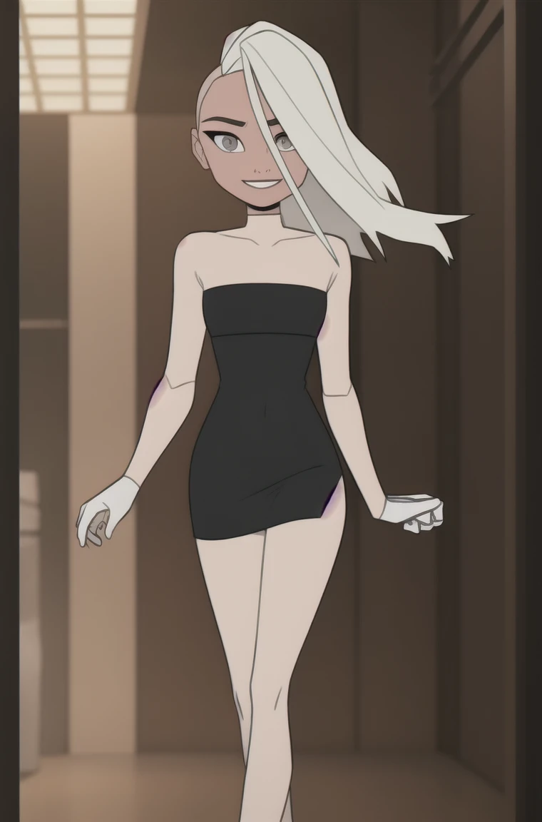 (dark theme:0.6), Glucose, 1 woman,  and rough face, wrinkles on the face, Aging face, cheekbones на лице, cheekbones, old age Alone, короткие White hair, sexualk strapless bodycon dress, black dress figure of a top model, sexy long legs,h growth, Height 1,75 m costs, Sun, wound, in the apartment, walks through the club, smile flowers 1.2), White hair, hairstyle in babershop style, pomade, decrease,  I look at the viewer, grey eyes, sharp image, crop top, (HDR:1.22), Clear drawing, muted colors, Complex background, hyper-detailed, art [[Jordan Grimmer]], 