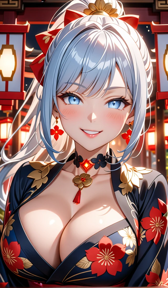 ultra-detailed, ((one girl)), hyper detailed, absurdres, 8K,Cute face, (Laugh shyly), ((teasing smile:1.8)), ((Wink:1.8)), (Laugh with your mouth wide open:1.3),(Tilt your head:1.3), View your viewers, ((Bright red cheeks:1.6)),Glossy Red Lips, ((Big Breasts:1.5)) night, Shrines in the countryside, (Brighten your face), ((Anime style background)),masterpiece, Highest quality, so beautiful,Latest, Complex details, (Pink long nails), (nail art), (ring),(bracelet), (Floral Choker),AI-generated, Complex,High resolution, Highest quality, super high quality,3D Images、3D Images,One person,Long white hair,(High Ponytail), Anime woman posing for a photo, ((Fine grain, pale blue eyes, glowing eyes:1.4)), (Squint your eyes:1.1),a hyperRealistic , hyperRealistic , Realistic,Anime woman with long white hair, Smooth anime CG art, With gold embroidery、A girl in a gorgeous kimono, ((Black long sleeve kimono:1.3)),(Red large floral pattern) ,Long flower hair ornament,Floral Earrings,Mature Body, expensive,Abdominal muscles,Tight waist,((Zoom in on face:2.1)),(front view),