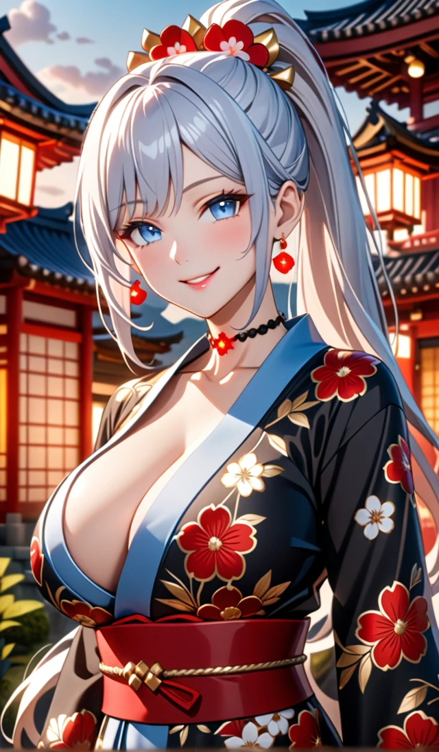 ultra-detailed, ((one girl)), hyper detailed, absurdres, 8K,Cute face, (Laugh shyly), ((teasing smile:1.8)), ((Wink:1.8)), (Laugh with your mouth wide open:1.3),(Tilt your head:1.3), View your viewers, ((Bright red cheeks:1.6)),Glossy Red Lips, ((Big Breasts:1.5)) night, Shrines in the countryside, (Brighten your face), ((Anime style background)),masterpiece, Highest quality, so beautiful,Latest, Complex details, (Pink long nails), (nail art), (ring),(bracelet), (Floral Choker),AI-generated, Complex,High resolution, Highest quality, super high quality,3D Images、3D Images,One person,Long white hair,(High Ponytail), Anime woman posing for a photo, ((Fine grain, pale blue eyes, glowing eyes:1.4)), (Squint your eyes:1.1),a hyperRealistic , hyperRealistic , Realistic,Anime woman with long white hair, Smooth anime CG art, With gold embroidery、A girl in a gorgeous kimono, ((Black long sleeve kimono:1.3)),(Red large floral pattern) ,Long flower hair ornament,Floral Earrings,Mature Body, expensive,Abdominal muscles,Tight waist,((Zoom in on face:2.1)),(front view),