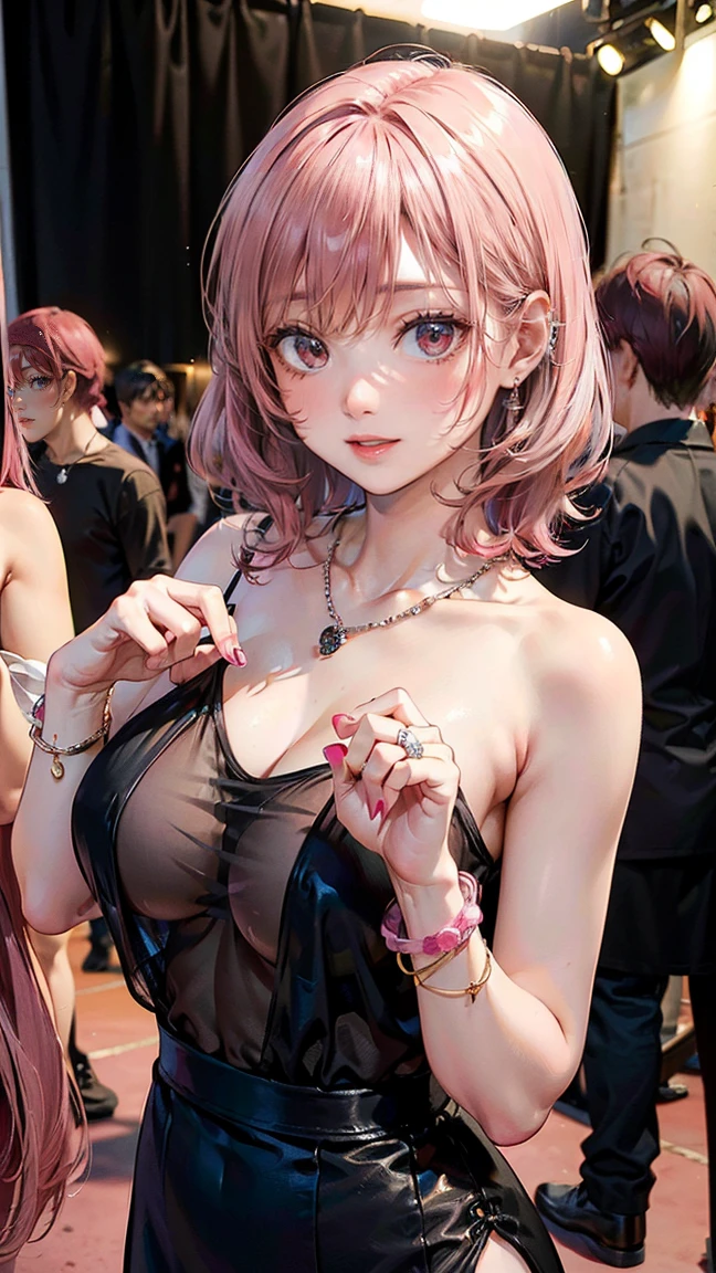 (Masterpiece, BestQuality:1.3), (ultra detailed:1.2), (hyperrealistic:1.3), (RAW photo:1.2), High detail RAW color photo, professional photograph, (Photorealistic:1.4), (realistic:1.4), professional lighting, perfect anatomy, (Big Breasts:1.2), (blush, detailed face), (cheerful Smile:1.5), (Pink Hair:1.5), Trending Hair&Trending Hairカラーをランダムに, earrings, necklace, bracelet, sexly, erotic sexly, Random sexy gravure poses, (Beautiful woman in a black see-through dress、Backstage at a luxury club、Captivating smile、Diamond Necklace、Shoulder-baring pose。:1.3)