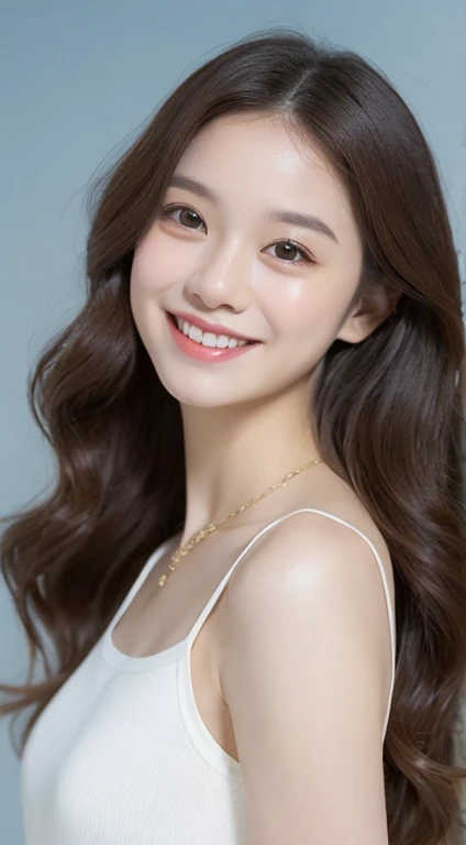 beautiful girlน่ารักสุดยอดจริงๆ, Long, curly, golden hair, The face is very beautiful., beautiful girlที่ไม่มีใครเทียบได้, The collarbone covers the shoulder., white crop top, black jk skirt, Bare legs, sweet smile, soft, Dreamy quality, Light white and dark brown, Exaggerated facial features, solid color, Frank of White, Surreal, blue gemstone necklace, extra clear, beautiful girl, cute and lively, super short leggings, bar counter background