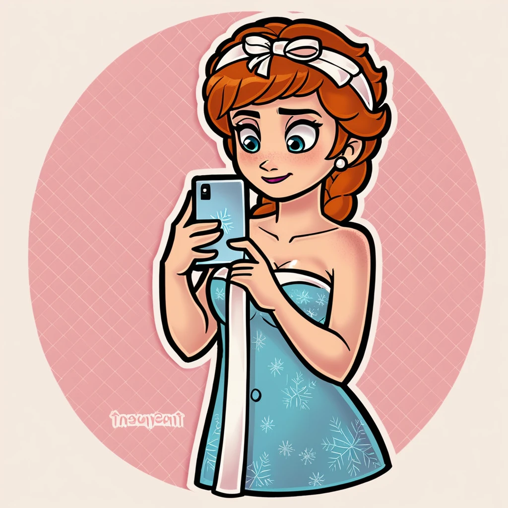 score_9_presence, score_8_up, anna, frozen, wrapped in towel, medium breasts, holding phone