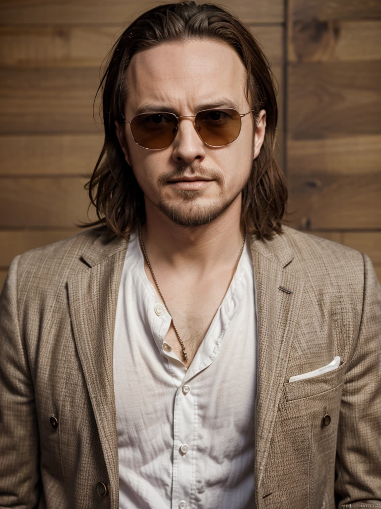 thin white man, caucasiano, western american, thirty years old, with brown hair above and below the ears, with a goatee, eyes browns, with sunglasses, similar to actors Aaron Paul and Johnny Deep, dress with suit.