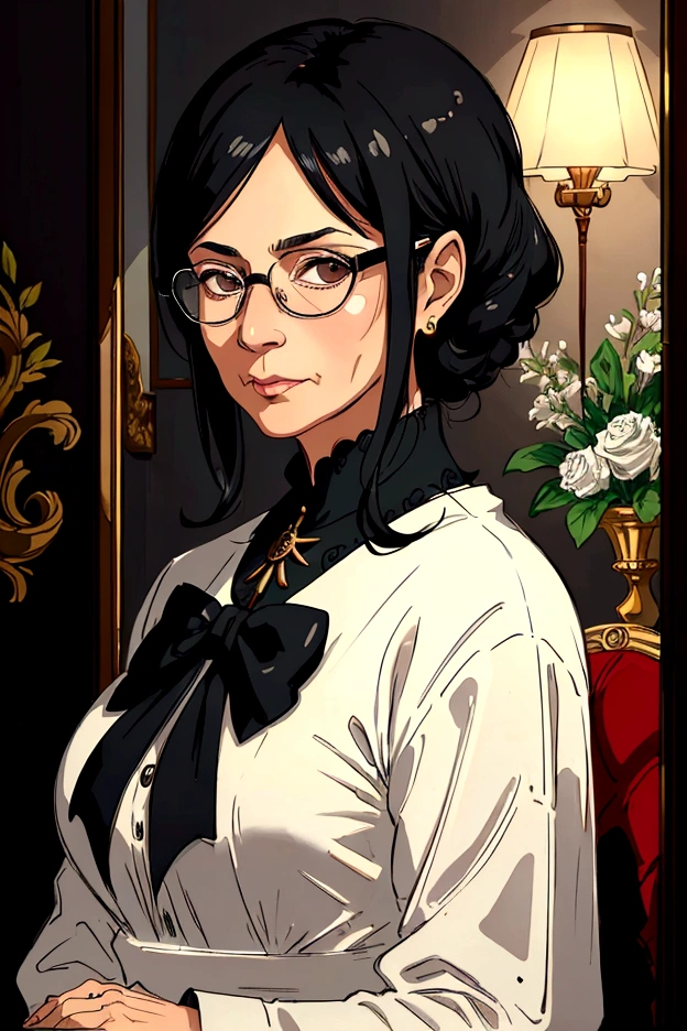 ((best quality)), ((masterpiece)), (detailed), one older woman, 50 years old, black hair, glasses, elegant clothes, portrait