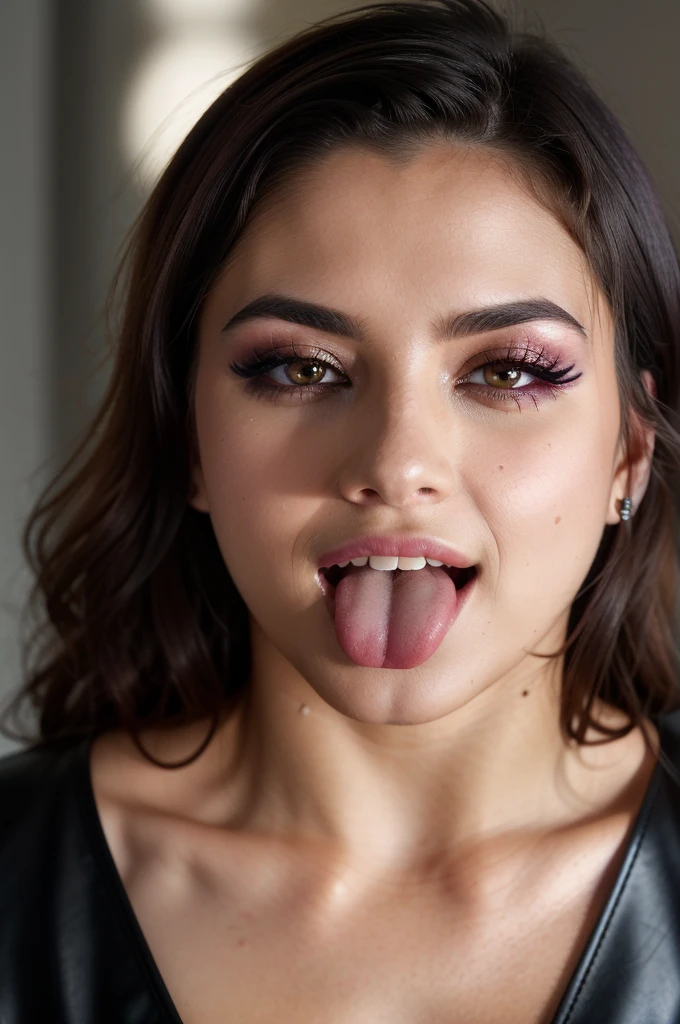 professional, (4K photo:1,1), (Focus:1,3), high detail, playful (Emma Raducanu1.1), beautiful detailed face, brown eyes, black hair, (blushing:1.1), Beautiful young and atletic body, Face close up, looking directly into the camera, beautifull smile, gloomy atmosphere, Dark background, (Eye makeup, mascara), ((Stylish hairstyle)), photoshoot, studio (Contour lighting), (The play of light and shadows), Focal Length, bokeh, (special attention to skin detail: 1.2), Detailed leather texture, skin pores, (Film grain, VHS effect), (shine) , ((lens)) , ultra detialed, mouth wide open, tongue out, full face close up