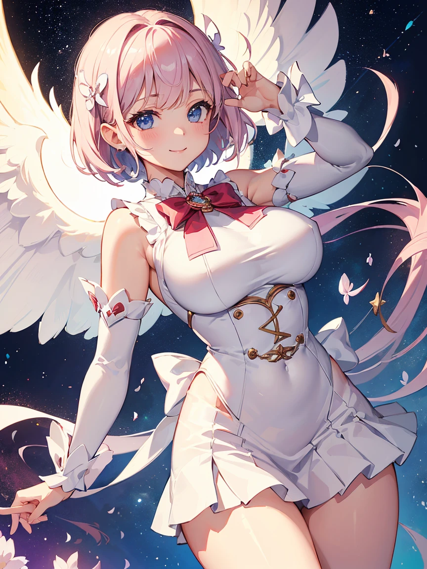 ((Masterpiece)),(Best Quality),(Highest resolution),(8K),(Clean lines),(Perfect Face,Perfect meat),(Official Art),(Magical girl),, 8-year-old, Cute white outfit, Short Hair, ribbon, huge breasts, Fat, Cowboy Shot,Big angel wings, Night Sky, smile