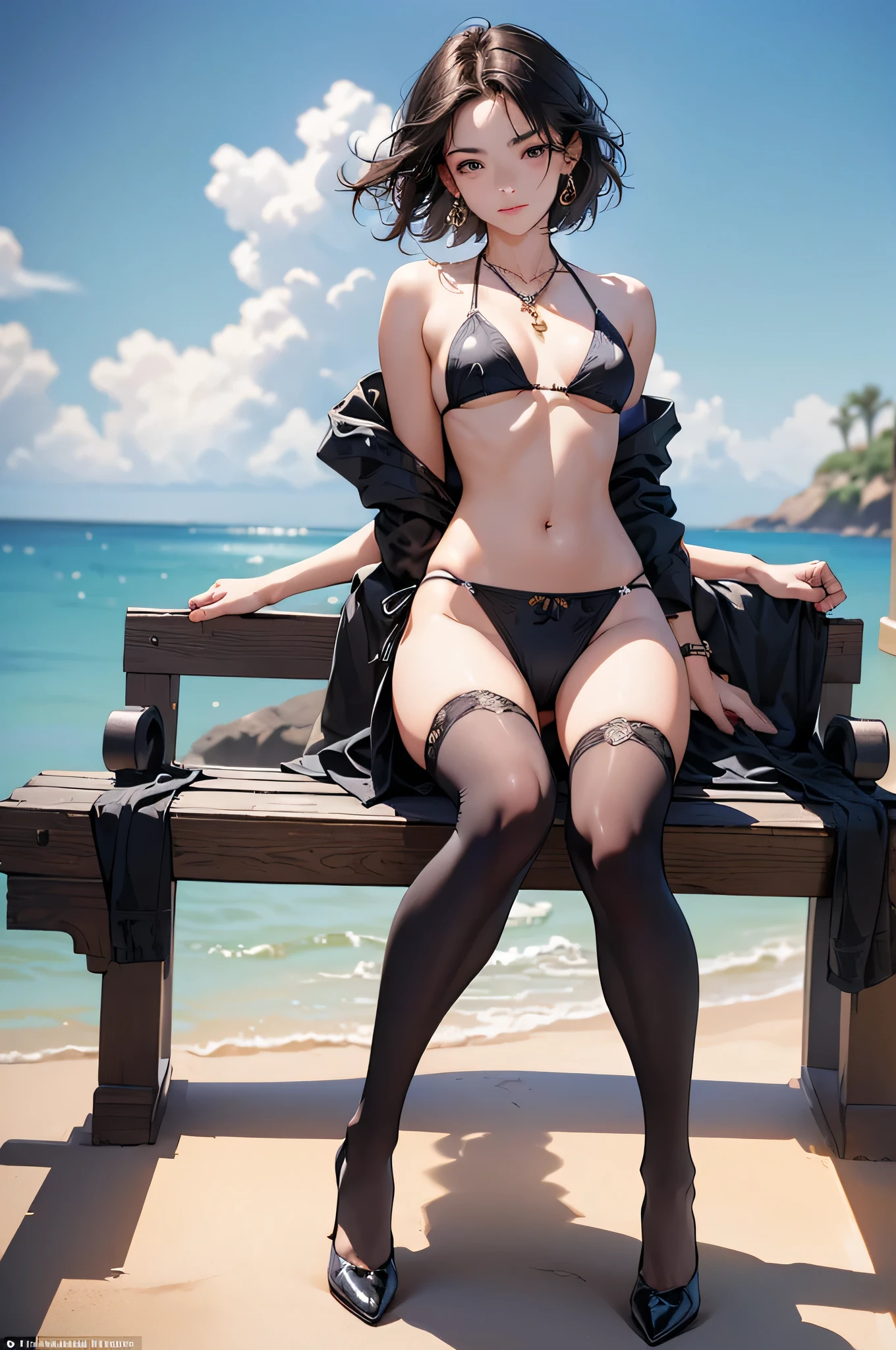 ((Biologically correct limb count)),((Natural finger shape)),((Full Body Shot,Including face)),Standing position,4K,masterpiece,((Focus on the face)),((Symmetrical facial features)),Eye for detailed depiction,Beautiful woman,Excellent style,Beautiful feet,(Small Ass,Thin thighs),(Patterned black stockings,High heels),Facial detailing,Small earrings,necklace,Low angle photo,((Bikini Swimwear,Lifting the skirt to reveal panties)),Park scenery on a holiday morning,Strong sunlight,(((A facial expression of pleasure))),(((Lean your body back and sit on the ground))),((Hands lifting from under your chest)),(Face the camera),Photograph the side of the body,focus on the crotch,Long blonde