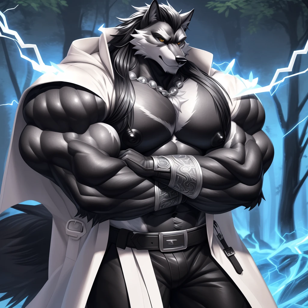 (upload on e621) (Masterpiece) (by Drks) (best quality) (ultra high res) 4K (8k HD) 2D (perfect anatomy) (digital art) (official art) (extreme detailed) (ultra detailed) (strapsanime) color (soft shading) (sharp focus) (forest woods background) 1man black body fur silver belly detailed fluffy fur (ultra detailed face) detailed eyes detailed iris eyes detailed golden yellow eyes (white sclera) (black pupils) big navel abs bare pectoral (((silver tuft on his chest))) (((huge black shiny nipples))) black claw nails furry wolf male mature male dark black giant bulky muscular body fur giant size canid (((huge muscles))) (((hyper muscles:1.3))) huge pecs (((oversize pecs:1.3))) huge biceps (((giant biceps:1.3))) (((fullbody:1.4))) canine canis mammal powerful wolf god wolf male fierce face badass wolf anthro solo standing (((wearing black full complete sleeveless long trench coat:1.4))) (((dark black longest flowing length hair:1.3))) (((dark black longest flowing length back fur hair:1.3))) (((dark black longest length hair fur front lay on pecs:1.3))) (((best longest dark black flowing hair:1.3))) (((perfect fingers))) (((five fingers))) dark black hands and fingers (((wearing black and silver fingerless gloves))) (((black arm bands on his biceps:1.4))) (((three black arm bands on his forearms:1.4))) (((black huge bead necklaces:1.3))) (((black huge longer bead necklaces around neck to pecs:1.3))) (((dark black and silver underside long wolf tail))) (((black and silver long pants with silver lines with belt straps on both legs))) (((silver electricity and wind aura flow entire body))) (((crossed arm pose)))