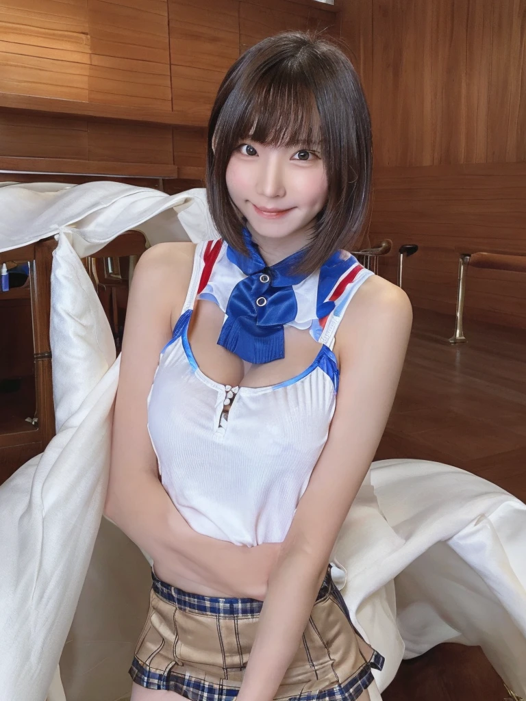 Highest quality、masterpiece、8K、Very detailed、Realistic、(Young face:1.2)、(Looks like an :1.2)、1 person、Looking at me with a smile、whole body、(Big Breasts)、Thin and beautiful legs、Tight and slim waist、Tight sleeveless shirt、Micro Skirt、Short Hair、Erect nipples