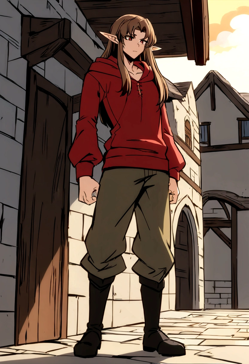 assasin half elf with a red hoodie(hoodie down) and red cape, red eyes brown hair long hair, hair out of hoodie with only armor on torso anime style male make him in the roof of a medieval house ((anime style)) 20-30 years he wears a black baggy cargo pants over his black boots give him a long dagger ((hd)) ((high quality)