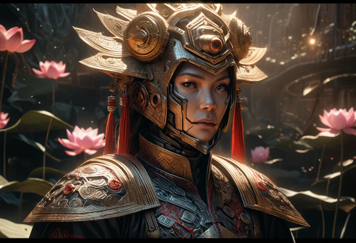 A detailed, cyborg-inspired kamen rider in traditional Vietnamese costume, intricate ornate armor, lotus flower motifs, dramatic lighting, highly realistic, cinematic, award-winning digital art, 8K, photorealistic, volumetric lighting, hyper detailed