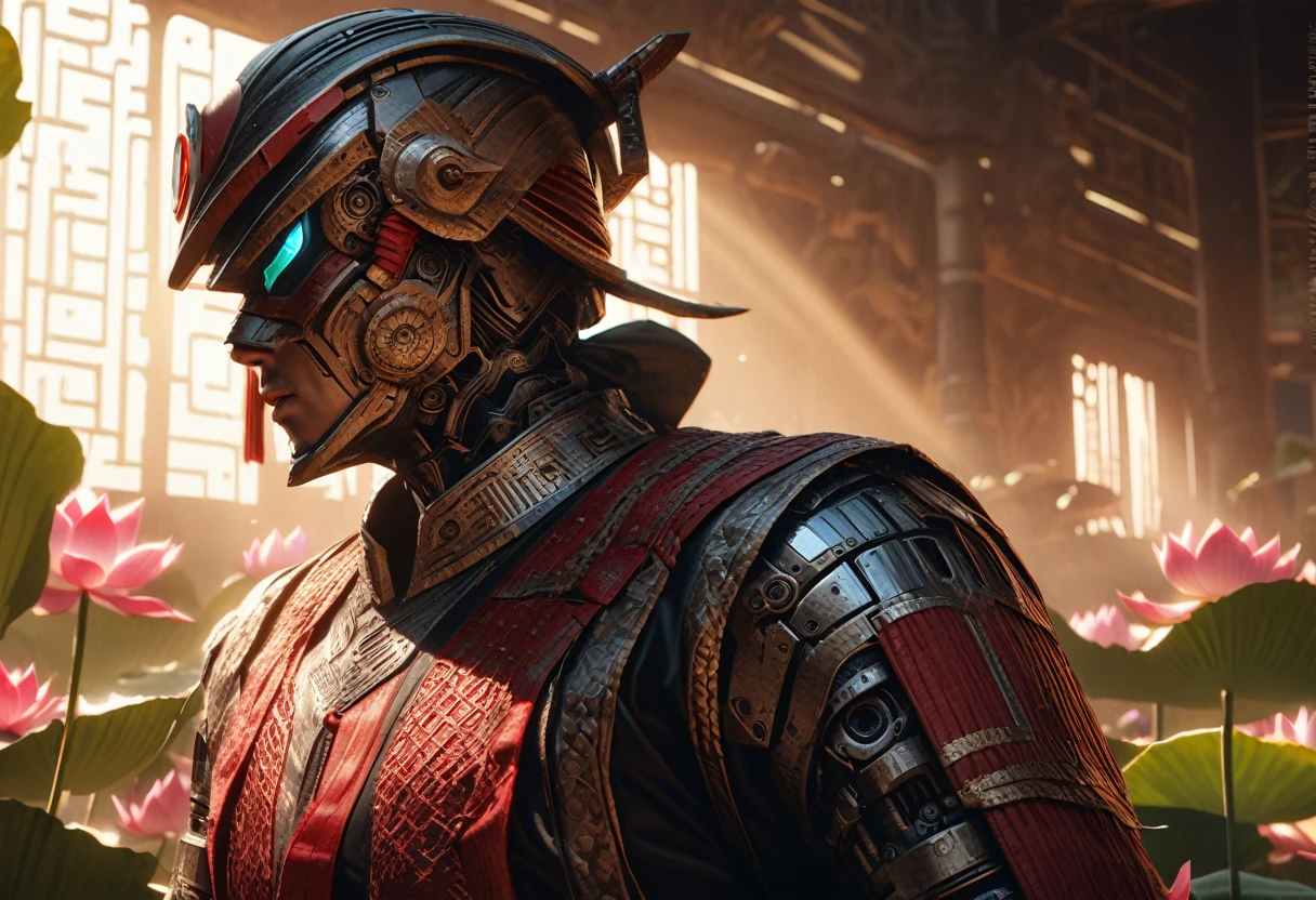 A detailed, cyborg-inspired kamen rider in traditional Vietnamese costume, intricate ornate armor, lotus flower motifs, dramatic lighting, highly realistic, cinematic, award-winning digital art, 8K, photorealistic, volumetric lighting, hyper detailed