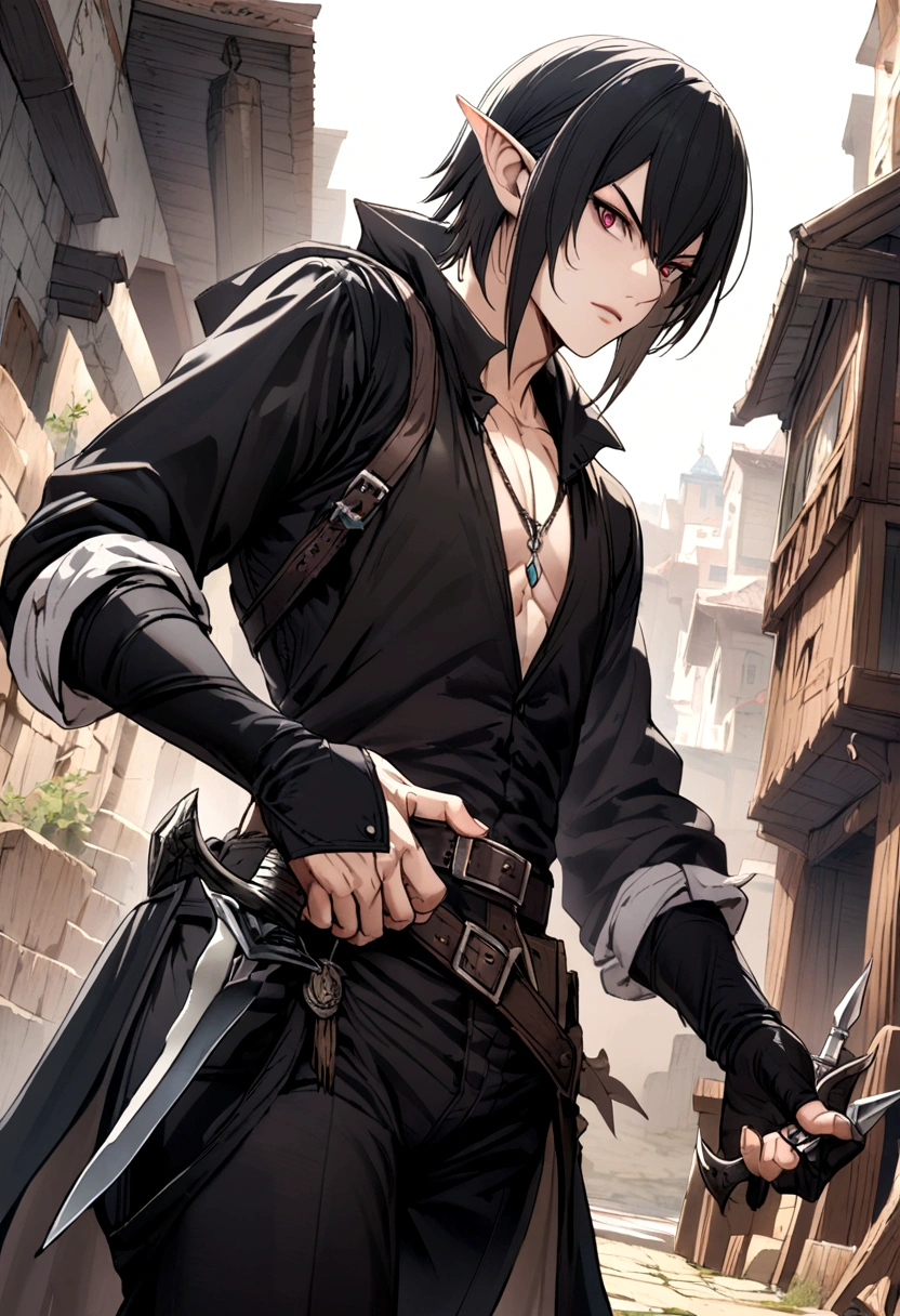a half-elf assassin with two daggers in his hand wearing dark clothes MAN with an anime touch