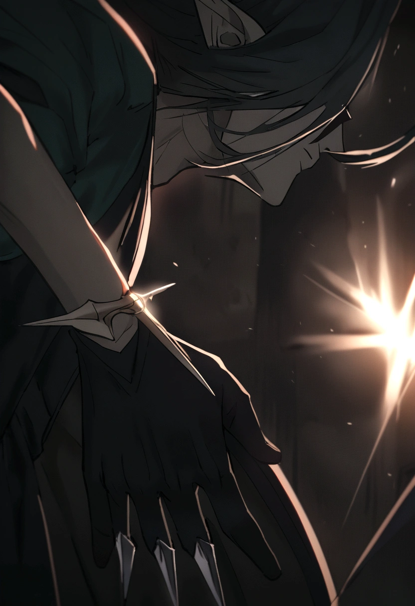 a half-elf assassin with two daggers in his hand wearing dark clothes MAN with an anime touch