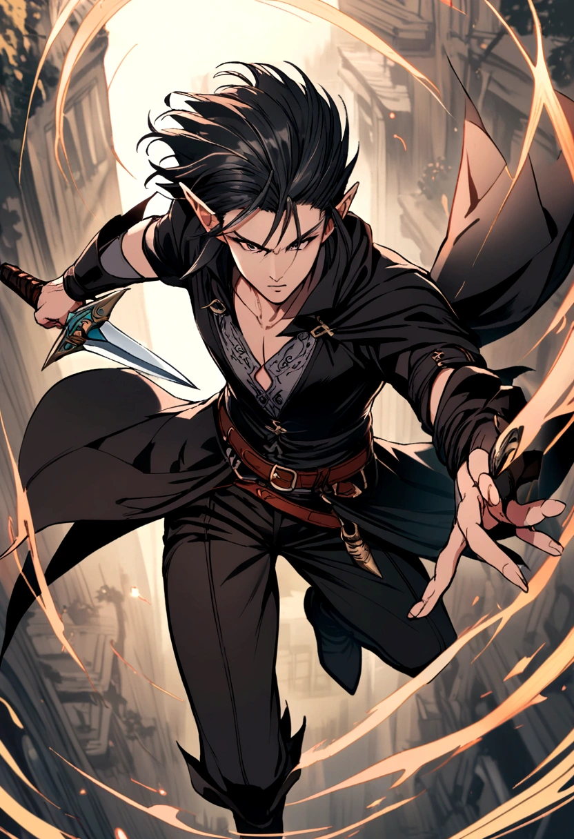 a half-elf assassin with two daggers in his hand wearing dark clothes MAN with an anime touch