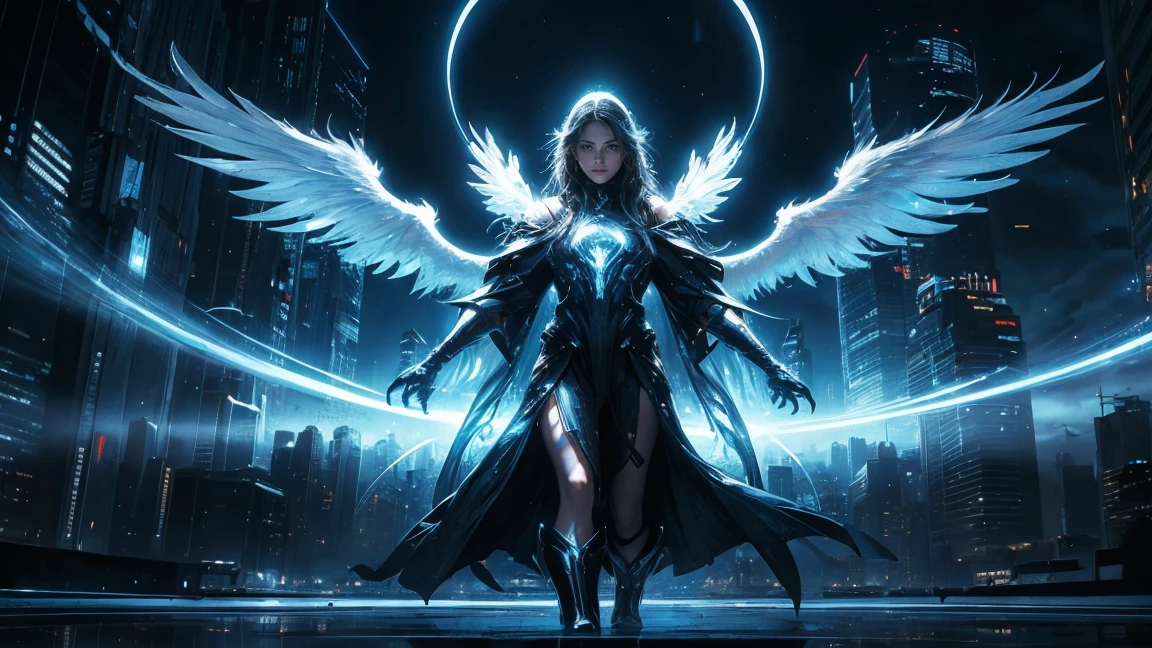 ((masterpiece, Highest quality, Best image quality, High resolution、８ｋ)) There is a giant angel in the center of the screen.、Huge white wings、Glowing halo。Wearing a flowing ethereal robe、god々Shining with a bright light。Glowing blue eyes and advanced cybernetic enhancements. Seen in dynamic action poses, reflection on a smooth surface. The cityscape below is filled with towering skyscrapers., illuminated by colorful holographic advertisements, Shining with blue energy, Mighty power. The overall atmosphere is dark and mysterious., It had a futuristic techno vibe.. The lighting is dramatic, Intense highlights and deep shadows, Creates depth and tension