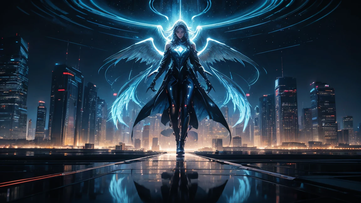 ((masterpiece, Highest quality, Best image quality, High resolution、８ｋ)) There is a giant angel in the center of the screen.、Huge white wings、Glowing halo。Wearing a flowing ethereal robe、god々Shining with a bright light。Glowing blue eyes and advanced cybernetic enhancements. Seen in dynamic action poses, reflection on a smooth surface. The cityscape below is filled with towering skyscrapers., illuminated by colorful holographic advertisements, Shining with blue energy, Mighty power. The overall atmosphere is dark and mysterious., It had a futuristic techno vibe.. The lighting is dramatic, Intense highlights and deep shadows, Creates depth and tension
