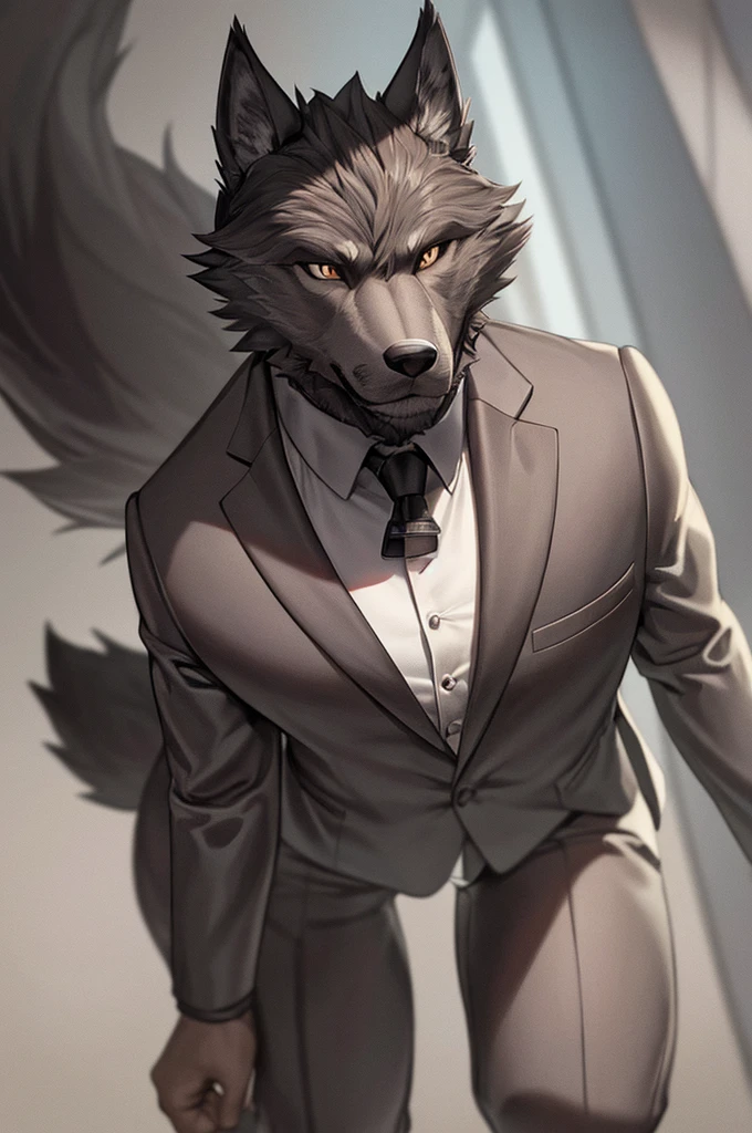 a macho furry wolf man with graphite gray fur, chocolate brown eyes, wearing a suit, low angle camera view, hyper detailed, cinematic lighting, realistic, photorealistic, 8k, best quality, masterpiece