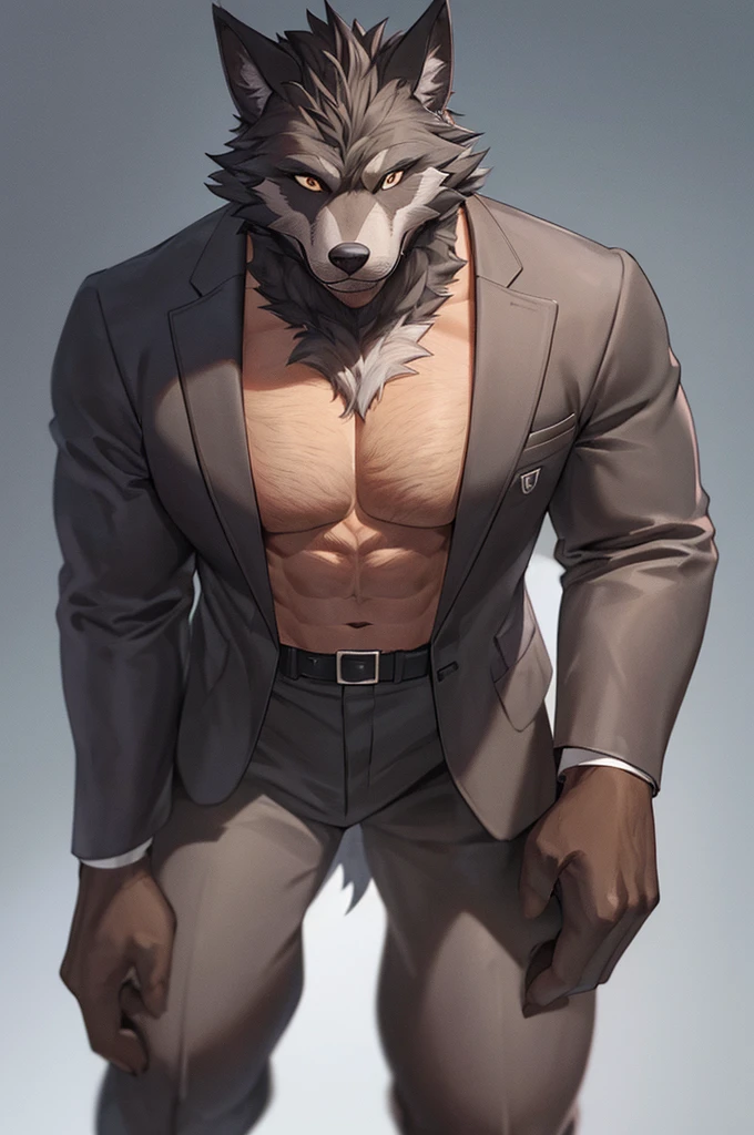 a macho furry wolf man with graphite gray fur, chocolate brown eyes, wearing a suit, low angle camera view, hyper detailed, cinematic lighting, realistic, photorealistic, 8k, best quality, masterpiece
