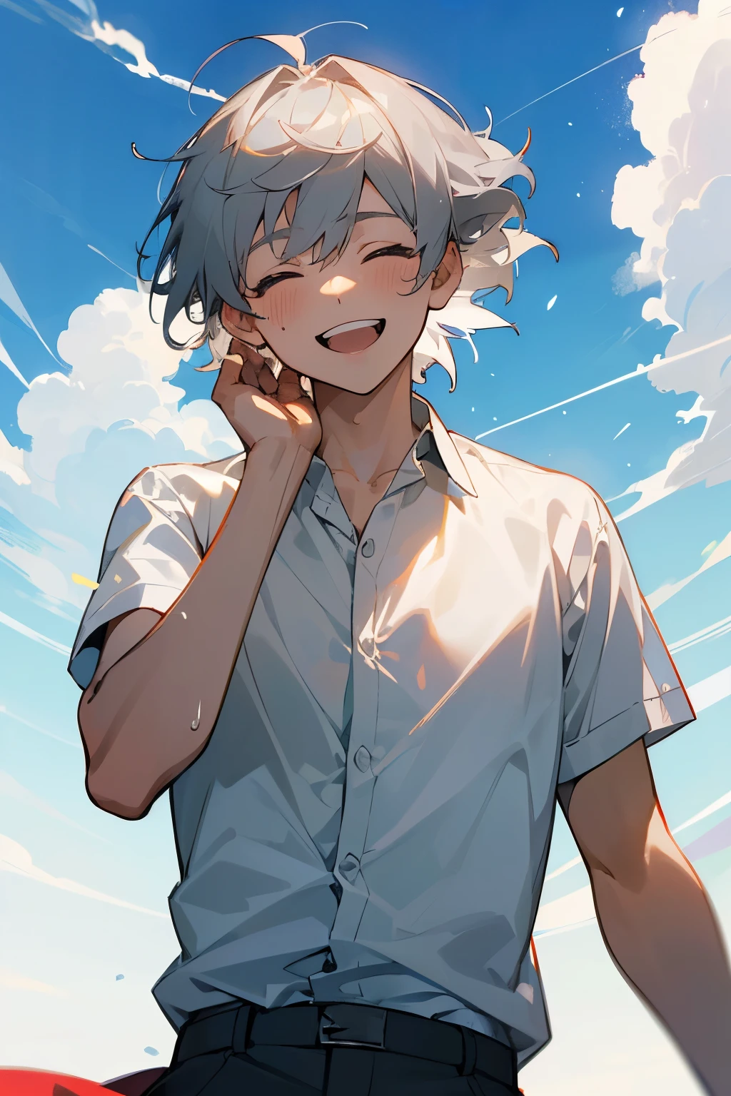 (Mastepiece), (Best Quality), Very detailed, (1 boy:1.5),Shooting from below、Solo Shooting,Perfect Face, Beautiful Face, Very detailed顔,(Gray Hair:1.3),(short hair:1.3)、(Happy Face:1.4),(Laughing with your mouth open:1.3),(White shirt:1.4)、(Hair blowing in the wind:1.4),The atmosphere that seems to disappear,(blue sky_cumulonimbus)、summer、ephemeral、Sweat