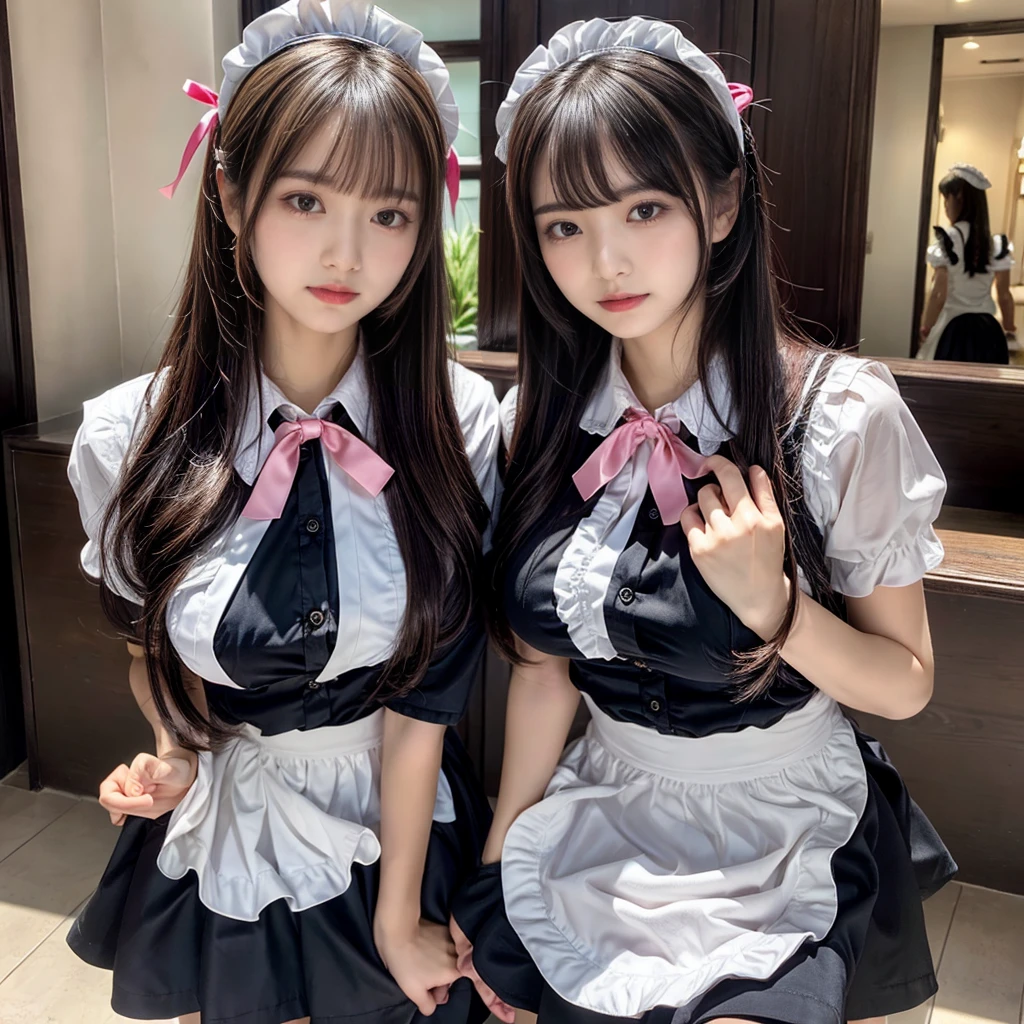 (2girls, twins:1.3), (beauty girls, delicate girls:1.3), (20 years old:1.3),
break, (cute maid uniform, ruffle blouse, pink ribbon tie, skirt:1.2),
break, (maid cafe:1.2),
break, very fine eyes, (symmetrical eyes:1.3),
break, (huge breasts:1.2), brown eyes, parted bangs, brown hair,
break, (eyes and faces with detailed:1.0),
break, (masterpiece, best quality, ultra detailed, detailed face, 8k)