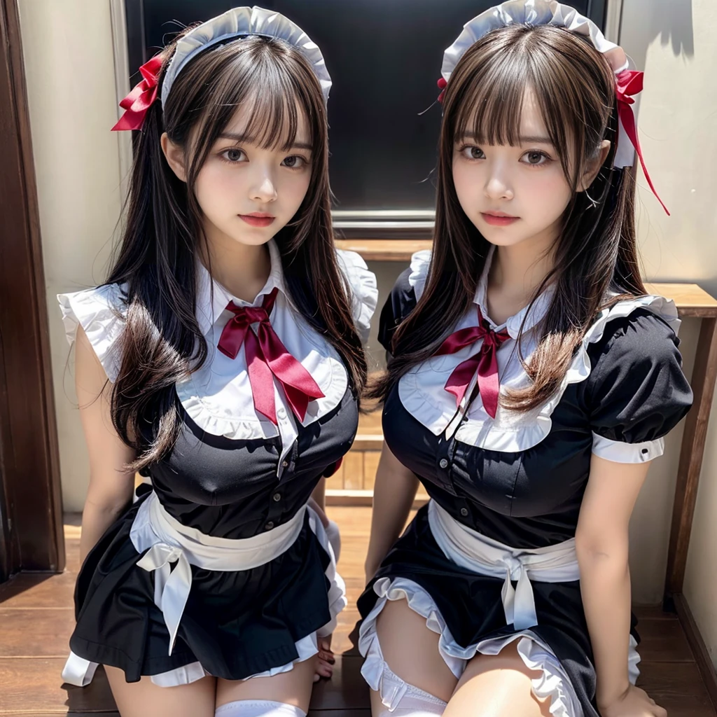 (2girls, twins:1.3), (beauty girls, delicate girls:1.3), (20 years old:1.3),
break, (cute maid uniform, ruffle blouse, pink ribbon tie, skirt:1.2),
break, (maid cafe:1.2),
break, very fine eyes, (symmetrical eyes:1.3),
break, (huge breasts:1.2), brown eyes, parted bangs, brown hair,
break, (eyes and faces with detailed:1.0),
break, (masterpiece, best quality, ultra detailed, detailed face, 8k)