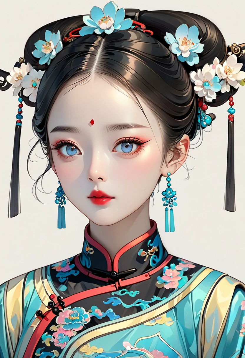 Fine brushwork，2d，Colored pencils，fine digital art，Clean lines，Beautiful Chinese Qing Dynasty Princess，Bright Eyes，Exquisite facial features，symmetry，Delicate hair，Qing Dynasty Clothing，Clean background，Bright colors