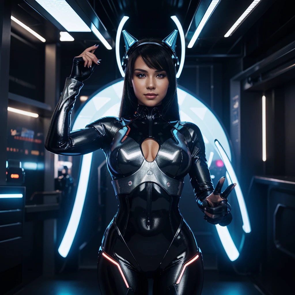 A full-body portrait of a seductive female cyborg, highly detailed and realistic, in a high-tech headpiece with glowing elements and metallic lines. She has a sleek, attractive figure and a confident pose, with one hand on her hip and the other slightly extended forward. She is wearing a form-fitting suit made of a mix of metal and fabric, with LED inserts, emphasizing her curves. The background features a futuristic cityscape with neon lights. Her face is incredibly beautiful with large, glowing eyes and a slight, enigmatic smile.