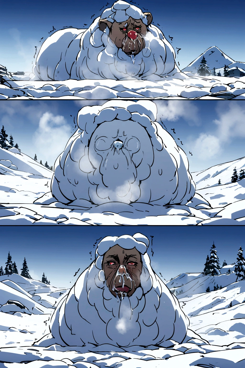winter, landscape, snow, cold, trembling, snot, breath, runny nose, outdoors, lycan , highres, absurdres,