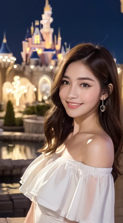 ((night scene, realistic light, best quality, 8K, Masterpiece: 1.3)), 1 woman, slim body beauty: 1.4, brown hair, (big: 1.3), off shoulder cut top: 1.3, Extraordinarily detailed face, Detailed eyes, Double eyelids, Disneyland, fountain, castle, fireworks, smile, rift