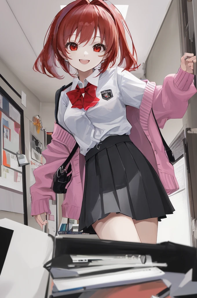 (The ultimate masterpiece), (Ultra HD), (Ultra-fine), High resolution, Ultimate beauty, High chroma, vivid,Girl,(pretty girl), Thighs, (cardigan), (skirt), Super Smile, Red hair,ショートBob,(Bob),Red Eyes ,Small breasts, Cute room,put one's hand between one's thighs