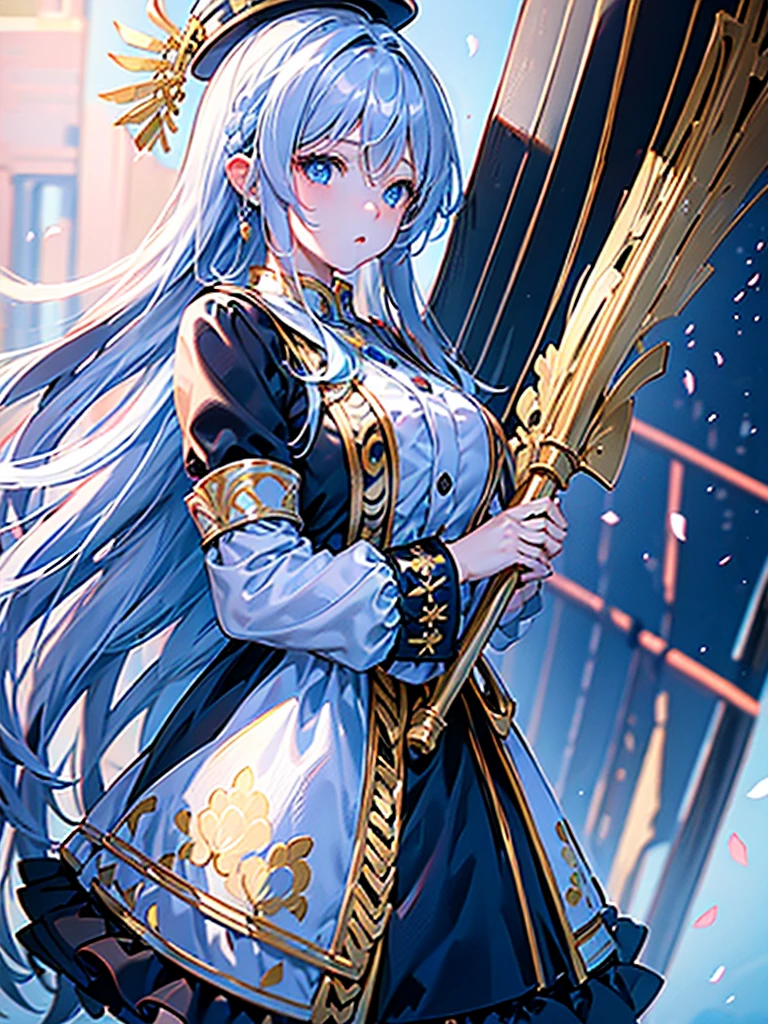 1girl、Dynamic composition、marching band、(((Masterpiece、Highest quality、Official Art、Super detailed、Handsome face、Dynamic composition)))、Anime Style、(Milky white and blue hair:1.3),(blue eyes:1.4),(Bright colors:1.4),((Asanoha background:1.3)),, marching bandのユニフォームを着たクールな女の子, marching band hat、mini skirt, Frills, Black and white with gold embroidered flag held in both hands,(background:Large red flag on the back with gold floral embroidery, Note, )、euphonium、Huge Flag、X composition