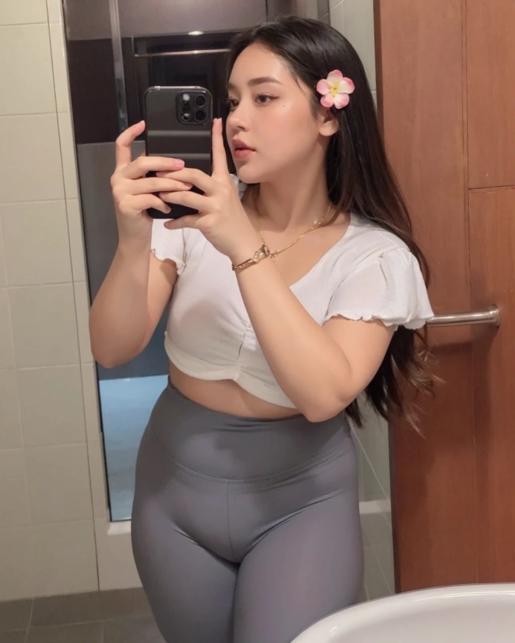 there is a woman taking a selfie in a bathroom mirror, thicc, skinny waist and thick hips, tight outfit, bbwchan, tight attire, in shorts, wearing tight simple clothes, cottagecore!! fitness body, profile image, she has a jiggly fat round belly, fit pic, thick thighs, 2 4 year old female model