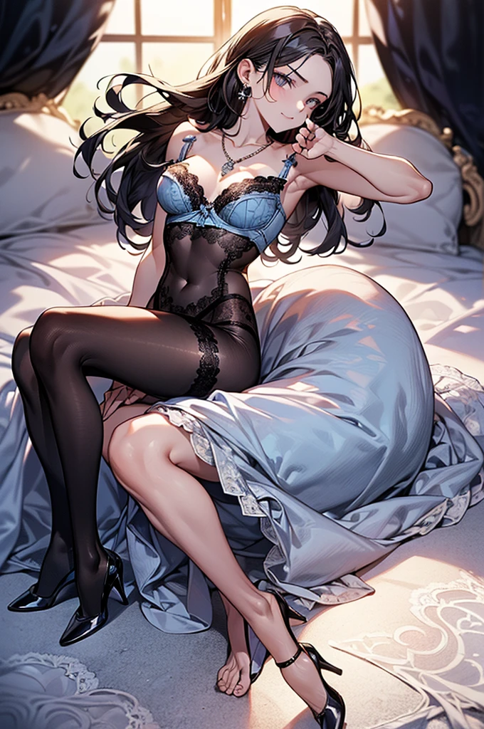 ((Biologically correct limb count)),((Natural finger shape)),((Full Body Shot,Including face)),Standing position,4K,masterpiece,((Focus on the face)),((Symmetrical facial features)),Eye for detailed depiction,Beautiful woman,Excellent style,Beautiful feet,(Small Ass,Thin thighs),(Patterned black stockings,High heels),Facial detailing,Small earrings,necklace,Low angle photo,((Light blue lace bra and lace panties)),Lying in bed,Strong sunlight,(((A facial expression of pleasure))),(((Lean your body back and sit on the ground))),((Hands lifting from under your chest)),(Face the camera),Photograph the side of the body,focus on the crotch,Long Hair