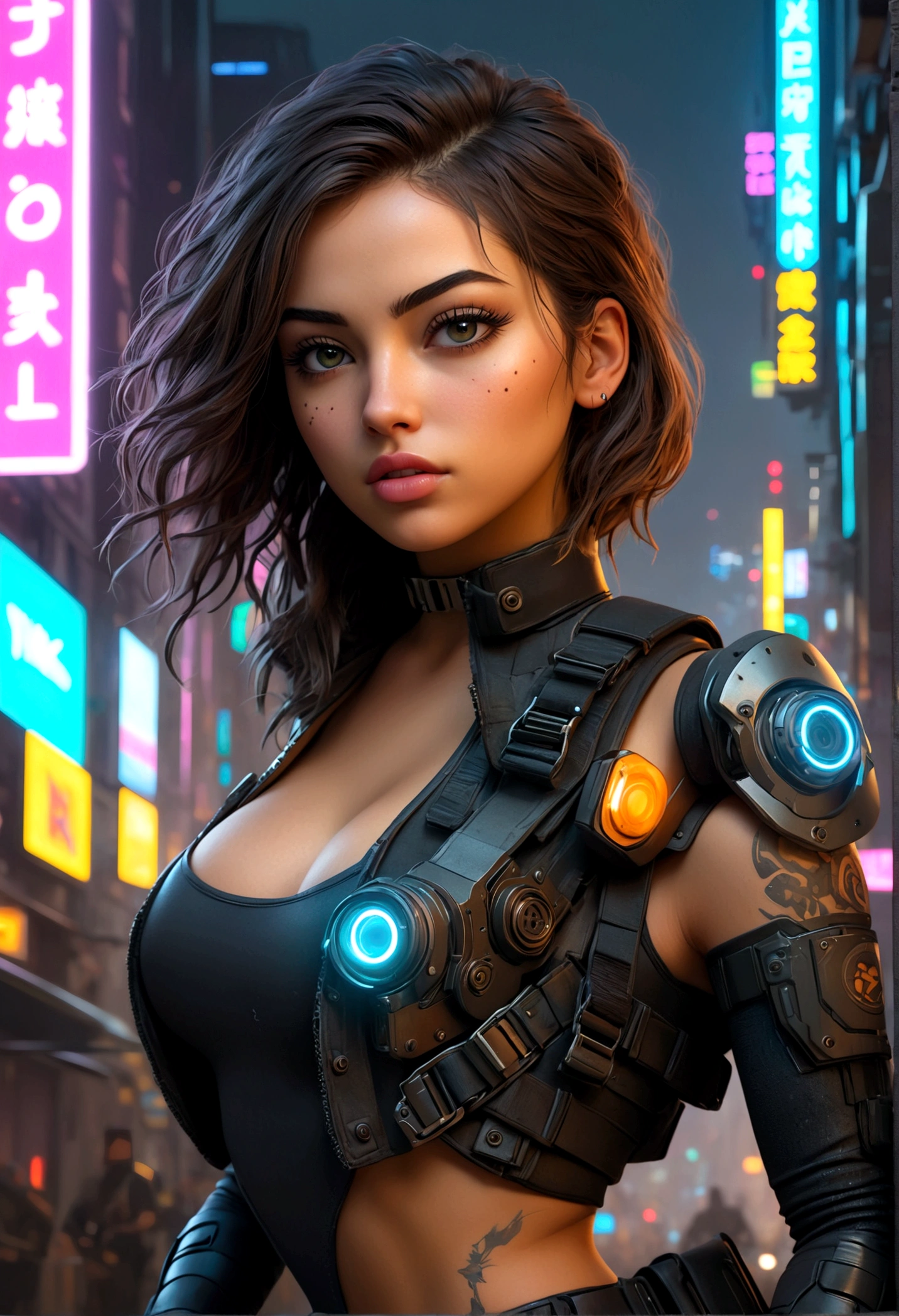 Full body portrait, Detailed Cyberpunk Sci-Fi Characters, Beautiful young woman, hyper-Realistic, Highly detailed face and body, Ample breasts, Perfect proportions, Muscular, Six Pack Abs, A woman wearing a high-cut latex bodysuit, night camouflage pattern, Tactical equipment, Bulletproof vest, Utility Belt, holster, Futuristic pistol, Elaborate armor, Cybernetic Enhancements, Cinematic pose, Cyberpunk City, terrorist attack, explosion, night, Detailed futuristic cityscape, Neon Light, skyscraper, Dark atmosphere, Volumetric Fog, Cinematic lighting, Dystopian urban environments, Advanced Technology, Android, hacker, Illuminated display, Holographic Display, Flying Car, industrial machinery, Damaged building, rubble, chaos, panic, Highly detailed skin texture, Intricate details, Cinematic lighting, Dramatic Shadows, Glowing Skin, photoRealistic, (Highest quality,4K,8K,High resolution,masterpiece:1.2),Super detailed,(Realistic,photoRealistic,photo-Realistic:1.37),Highly detailed eyes and face,Long eyelashes,Cinematic,Dramatic lighting,Chiaroscuro,Vibrant colors,One girl