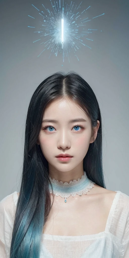 ((masterpiece)), (best quality), (detailed), (1girl), (inner data stream) light blue gradient hair, light blue glowing eyes, straight hair, wearing a modern white shirt and black dress, covered by data particles, locked around the neck