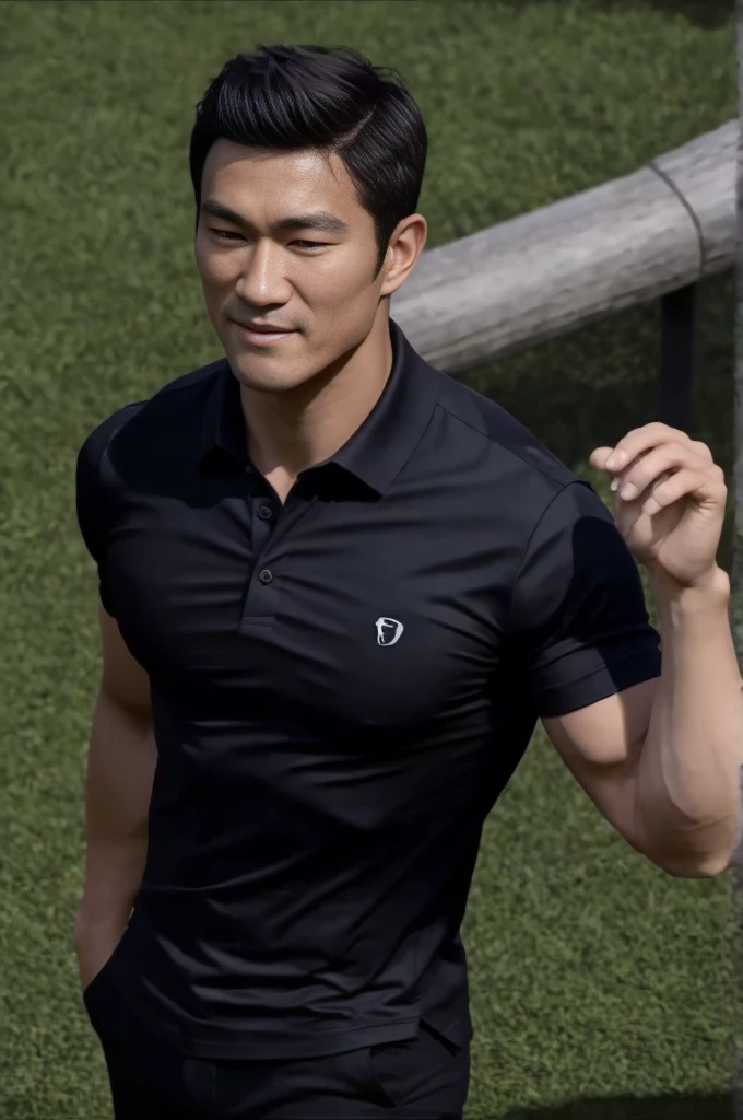 young asian man in a black polo shirt sitting on the grass with a serious expression, looking into the distance Turn your head slightly.，daytime (Create a masterpiece: 1.2),(CGI art:1.3),(realistic:1.5),(After processing:1.3), (Sharp focus:1.3), 1 man, open mouth, smile, (Shirt with open buttons), Navy cargo pants, Korean guy , korean men, (High gloss details), chest muscles, large arm muscles, blood vessel, Big muscles, Broad shoulders, looking at the audience, Balancing the eyes, seaside beach sunshine looking at the sea